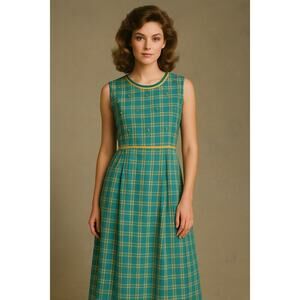 Vintage Sarah Elizabeth Dress 10 Teal Plaid Rayon Sleeveless Midi Easter dress